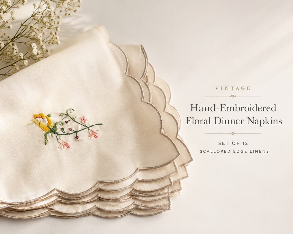 Vintage Hand Embroidered Floral Dinner Napkins Set 12 Scalloped Linen